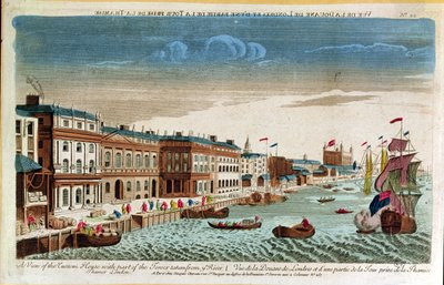 Een uitzicht op het douanehuis met een deel van de toren, genomen vanaf de rivier de Theems, Londen, midden 18e eeuw (kleurgravure) door French School