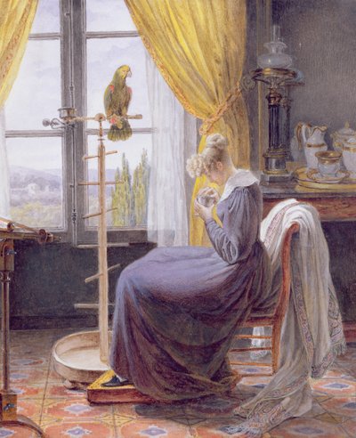Een vrouw die een papegaai voedt in een interieur, c.1820 door French School