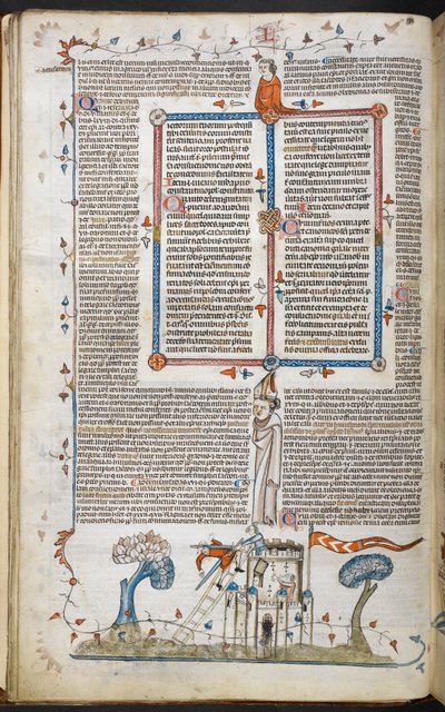 Een scène onderaan de pagina van een man die probeert een kasteel binnen te vallen, gedood door een van de verdedigers, uit de Smithfield Decretals door French School