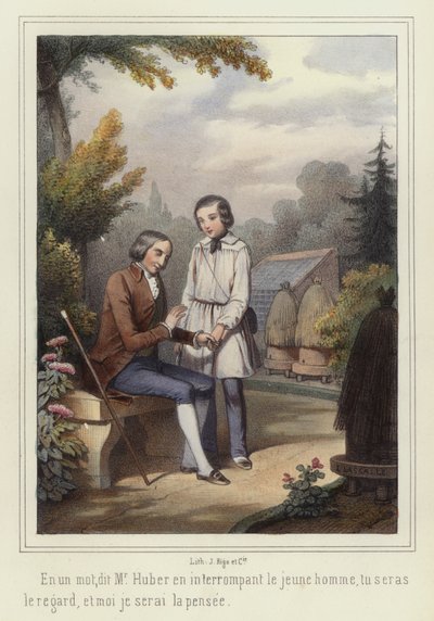 Een jongen helpt een blinde man (kleurenlitho) door French School