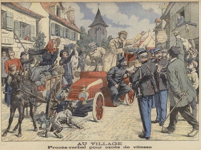 Een bestuurder aangehouden door de politie voor te hard rijden terwijl ze door een dorp rijden (ingekleurde gravure) door French School