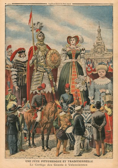 Een schilderachtig en traditioneel feest, de processie van de Reuzen in Valenciennes, illustratie uit 