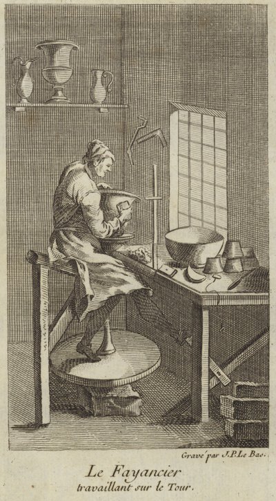 Een pottenbakker aan het werk op de draaischijf door French School