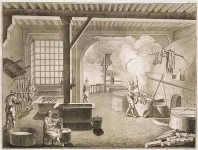 Een zijdeververij, uit de Encyclopedie des Sciences et Metiers door Denis Diderot, gepubliceerd ca. 1770 door French School