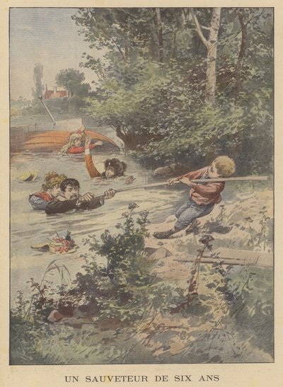 Een zesjarige redder in nood (kleurenlitho) door French School
