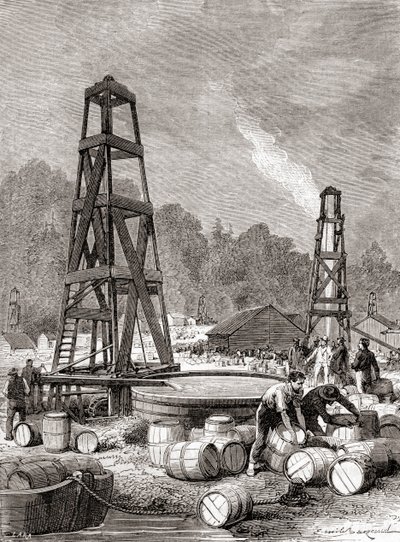 Een bron van aardolie bij Oil Creek aan de Allegheny River, Pennsylvania, VS in 1858, ontdekt door Edwin Laurentine Drake, alias Kolonel Drake, uit 