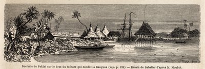 Een suikerfabriek van Paklat, aan de arm van Menam, de belangrijkste rivier van Thailand, tekening door Sabatier, ter illustratie van Henri Mouhot