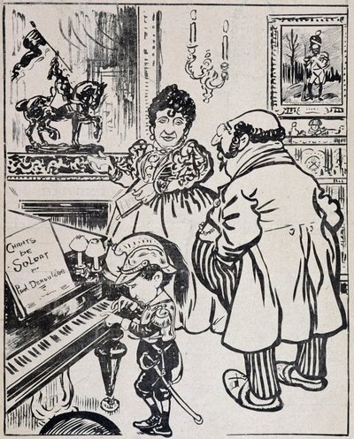 Een gebruikte bronzen, karikatuur met slagschepen, bladmuziek voor Deroulede op de piano en beeldje van Jeanne d