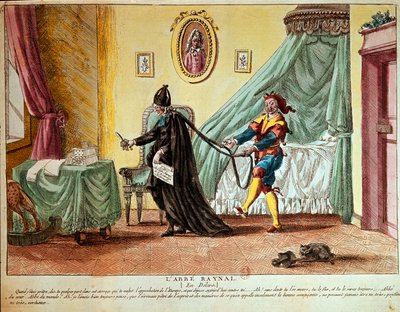 Abbé Raynal in een delirium, ca. 1790 (handgekleurde ets) door French School
