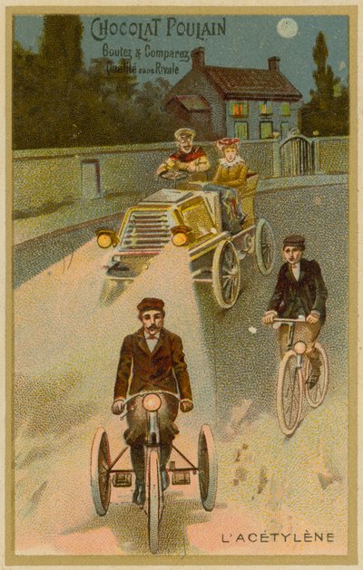 Acetyleen koplampen op een motorauto en een motorfiets door French School