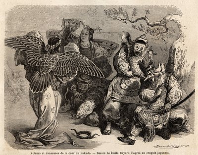 Acteurs en dansers van het Mikado-hof in toneelkostuum. Gravure ter illustratie van de reis naar Japan in 1863-1864, door Aime Humbert, minister van de Zwitserse Confederatie, in 