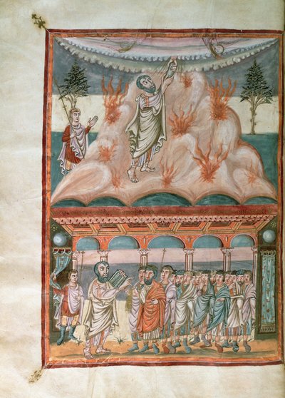 Mozes ontvangt en geeft de wet van God door op de berg Sinaï, uit de Moutier-Grandval Bijbel, verlicht in de Karolingische Abdij van St. Martin, Tours, c.834-843 door French School