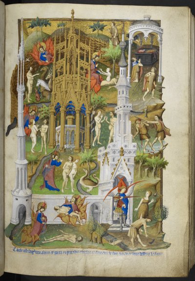 Scènes uit de Schepping en de Val, Adam en Eva, en hun zonen, Kaïn en Abel, uit Getijdenboek (De Bedford Hours) door French School