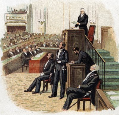 Adolphe Thiers (1797-1877), President van de Republiek aan het podium van de Nationale Vergadering in 1872 - Chromolithografie (Chromo) van het begin van de 20e eeuw door French School