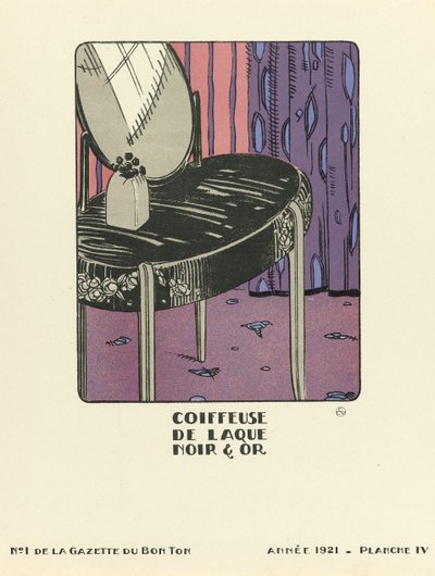 Reclame voor "Coiffeuse de Laque Noir  Or", pub.1921 (sjabloondruk) door French School