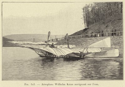 Vliegtuig Wilhelm Kress varend op het water door French School