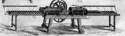 Landbouwmachine: een machine voor het maken van drainagebuizen gepresenteerd op de Landbouwtentoonstelling van 1860 in Parijs - Gravure in 