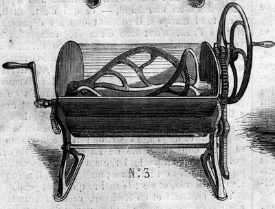 Landbouwmachine: een mechanische petrin voor broodbereiding gepresenteerd op de Landbouwtentoonstelling van 1860 in Parijs. Gravure in 