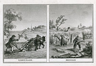 Landbouwscènes van ploegen en oogsten door French School