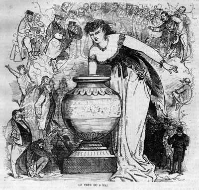 Allegorie van het plebisciet van 8 mei 1870, laatste plebisciet georganiseerd onder het Tweede Keizerrijk. Gravure uit 1870 door French School