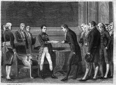 Toespraak van de Eerste Consul Bonaparte aan de Zwitserse afgevaardigden van de Helvetische Republiek door hen de akte van bemiddeling te geven in november 1802 - Gravure uit 
