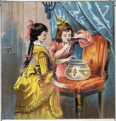 Amelie en Emma hebben twee mooie goudvissen in een pot. Ze voeren ze regelmatig. Chromolithografie uit 