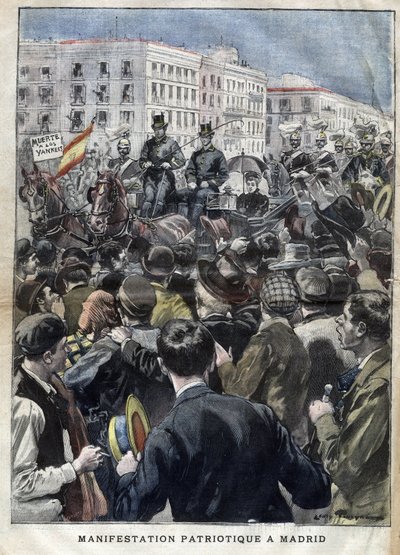 Amerikaanse Hispano Oorlog (of Ramp van 1898) - patriottische demonstratie in Madrid in 1898 in aanwezigheid van Koningin Maria Christina van Spanje (1858-1929) - gravure in 