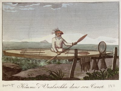 Een Inwoner van Unalaska Eiland in zijn Kano, 1811 door French School