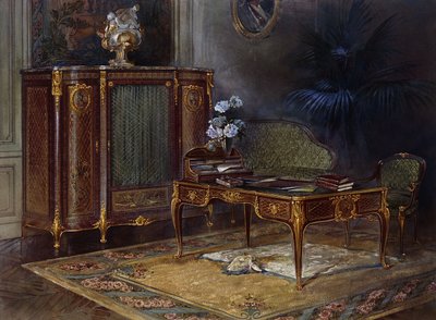 Een Interieur met een Louis XV Stijl Ormulu-gemonteerd en Parquetry Bureau Plat en Bibliotheek door French School