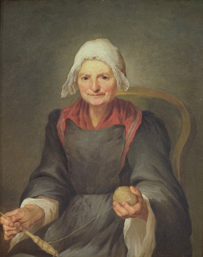 Een oude vrouw aan het spinnen door French School