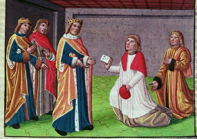 Een gezant van paus Adrianus I smeekt Karel de Grote om Rome te verdedigen tegen de Lombardische koning Desiderius, miniatuur uit 