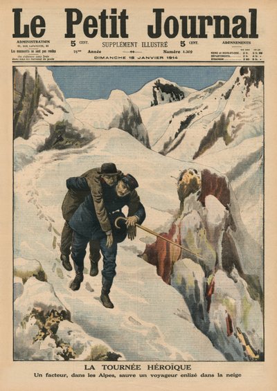 Een heroïsche ronde, een Alpenpostbode redt een reiziger vast in de sneeuw, voorpagina illustratie uit 
