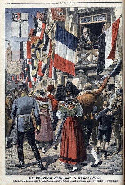 Een oude Franse soldaat in door Duitsland bezet Straatsburg mag de Franse vlag tonen - 