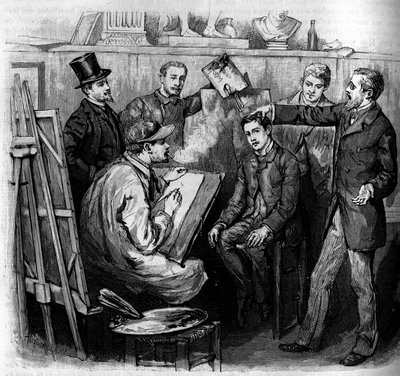 Analyse van een frenoloog (frenologie) op een kandidaat in een kunstschool in Parijs. Gravure in het illustere tijdschrift 