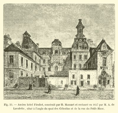 Oud hotel Fieubet, gebouwd door H Mansart en gerestaureerd in 1857 door M A de Lavalette, gelegen op de hoek van quai des Celestins en rue du Petit-Musc door French School