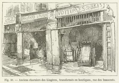 Oude knekelhuizen van de Lingeres, omgebouwd tot winkels, rue des Innocents door French School