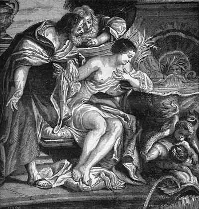 Oud Egypte: Cheops bedacht om zijn dochter te prostitueren om de bouw van de piramides te betalen (pooierschap). Gravure in 