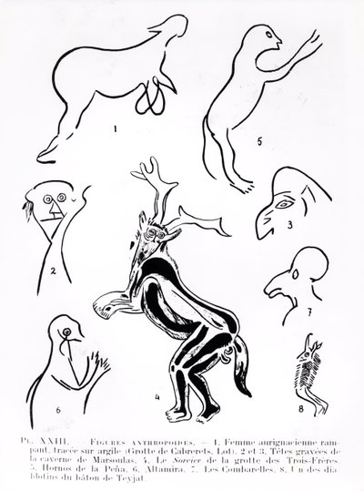 Antropoïde figuren in prehistorische grotten, uit Les Artistes Prehistoriques door Morin-Jean, 1933 door French School