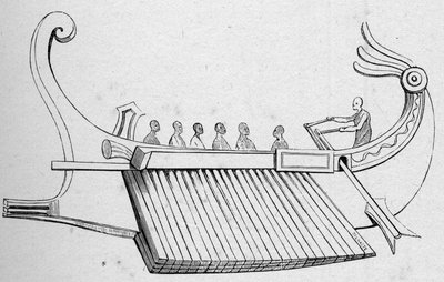 Antieke galei met drie rijen roeispanen. Gravure in 