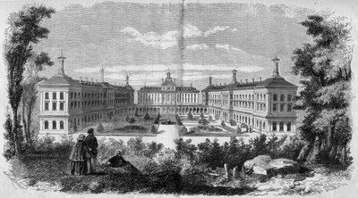 Architectuur: algemeen zicht op het militair hospitaal van Vincennes (1858). Gravure in "Le Monde Illustré" nr. 61 van 12 juni 1858. door French School