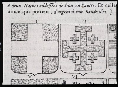 Wapens van Montmorency en Godefroy de Bouillon - in "De ware en perfecte wetenschap van de wapenkunde of de index van wapens" door Pierre Paillot door French School