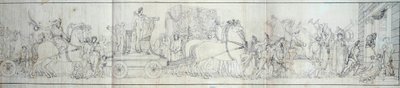 Aankomst in Parijs van objecten veroverd door het Franse leger in Italië. Het plunderen van kunstwerken was het doel van expedities door Dominique Vivant Denon onder bevel van consul Napoleon Bonaparte voor het Musee Napoleon (nu het Louvre Museum) Gravure door French School
