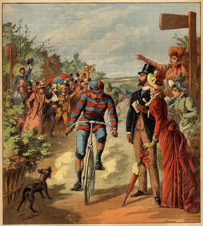 Aankomst van een wielerwedstrijd op het Franse platteland. Gravure in 