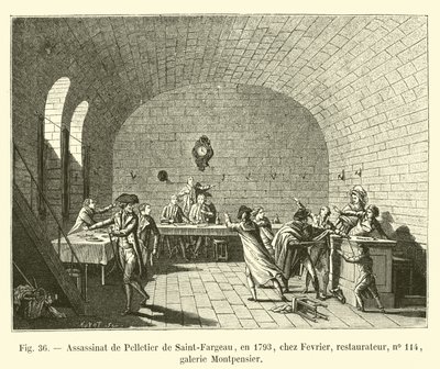 Moord op Pelletier de Saint-Fargeau, in 1793, bij Fevrier, restaurateur, nr. 114, Montpensier galerij door French School