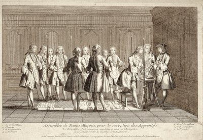 Vergadering van vrijmetselaars voor de ontvangst van leerlingen (gravure) door French School