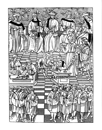Vergadering van het provoostschap van de kooplieden van Parijs, naar een houtsnede in Ordannances Royaux de la Jurisdiction de la Prevote de Marchands et Eschevinage de la Ville de Paris door Jacques Nyverd door French School