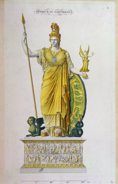 Athena Parthenos, standbeeld van het Parthenon, Athene (kleurgravure) door French School