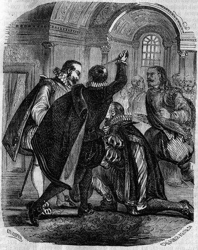 Poging tot moord op Jean Chastel (Jean Chatel) (1575-1594) op de koning van Frankrijk Hendrik IV op 27 december 1594. Gravure uit de 19e eeuw. door French School