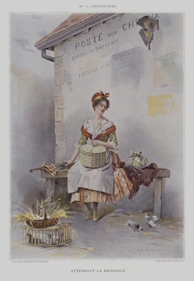 Attendant la Diligence (Wachten op de Postkoets) (kleurenlitho) door French School
