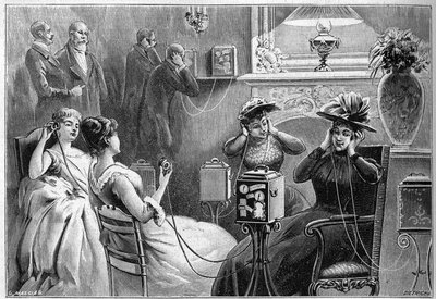 Auditie van de Theatrophone in de lounge van een groot hotel in Parijs in 1892 door French School